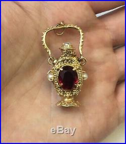 Vintage 14K Gold Ruby, Turquoise & Pearl Gemstone Lantern Perfume Bottle Charm