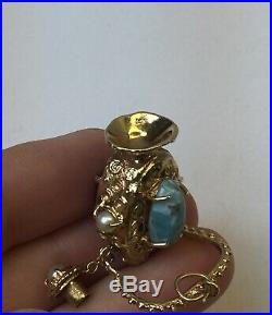 Vintage 14K Gold Ruby, Turquoise & Pearl Gemstone Lantern Perfume Bottle Charm