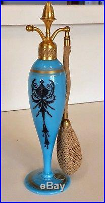 Vintage 1920's Art Deco DeVILBISS Blue Perfume Bottle + Acorn Finial Atomizer