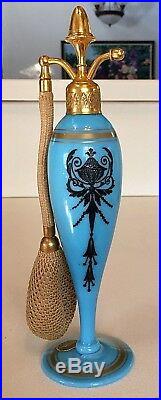 Vintage 1920's Art Deco DeVILBISS Blue Perfume Bottle + Acorn Finial Atomizer