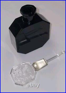 Vintage 1930s Hoffman Czech Perfume Bottle Black Satin Glass Intaglio Dauber