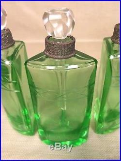 Vintage 1930s Perfume Caddy Czechoslovakia Green Glass Bottles with Etched Design
