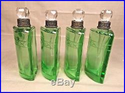 Vintage 1930s Perfume Caddy Czechoslovakia Green Glass Bottles with Etched Design