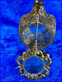 Vintage 1940's Filigree Beveled Glass Perfume Bottle with Dauber 8.5 x 3 x 3 Rare