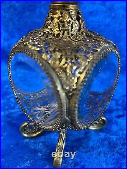 Vintage 1940's Filigree Beveled Glass Perfume Bottle with Dauber 8.5 x 3 x 3 Rare