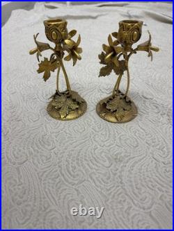 Vintage 1940s 2pc Hollywood Regency Globe 24K Gold Plated Floral Candle Holders