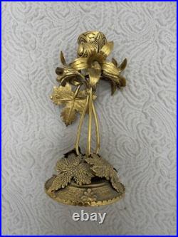 Vintage 1940s 2pc Hollywood Regency Globe 24K Gold Plated Floral Candle Holders