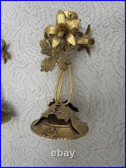 Vintage 1940s 2pc Hollywood Regency Globe 24K Gold Plated Floral Candle Holders