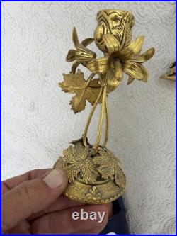 Vintage 1940s 2pc Hollywood Regency Globe 24K Gold Plated Floral Candle Holders