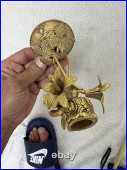 Vintage 1940s 2pc Hollywood Regency Globe 24K Gold Plated Floral Candle Holders