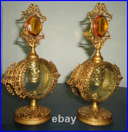 Vintage 1940s2pc Hollywood Regency Perfume Bottle Globe 24K Gold Plated Jeweled