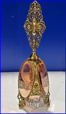 Vintage 1950s Filigree Perfume Holder with Glass Dauber Mid Century Gold Tone