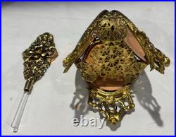 Vintage 1950s Filigree Perfume Holder with Glass Dauber Mid Century Gold Tone