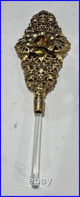 Vintage 1950s Filigree Perfume Holder with Glass Dauber Mid Century Gold Tone
