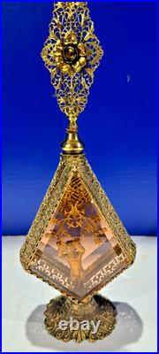Vintage 1950s Gold Filigree Perfume Bottle Glass Panels w Stopper