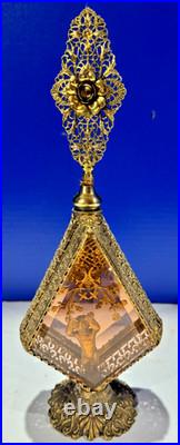 Vintage 1950s Gold Filigree Perfume Bottle Glass Panels w Stopper