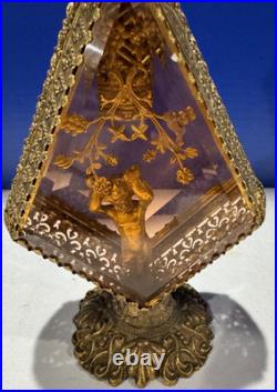 Vintage 1950s Gold Filigree Perfume Bottle Glass Panels w Stopper