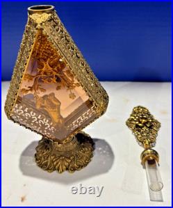 Vintage 1950s Gold Filigree Perfume Bottle Glass Panels w Stopper