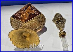 Vintage 1950s Gold Filigree Perfume Bottle Glass Panels w Stopper Vintage 1950s Gold Filigree Perfume Bottle Glass Panels w Stopper