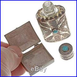 Vintage 1970s 80s Sterling Silver Turquoise Perfume Bottle & Pill Box Set
