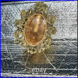 Vintage 2 Ormolu Perfume Bottle Amber Glass Filagree Hollywood Regency Gold Tone