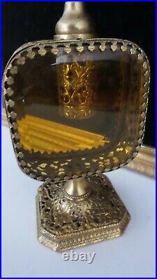 Vintage 2 Panel Beveled Amber Glass Ormalu Gold Filigree Perfume Bottle 8.5