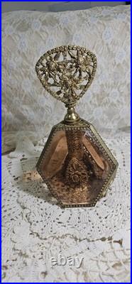 Vintage 3 Panel Beveled Amber Glass Ormolu Gold Filigree Perfume Bottle 8.5