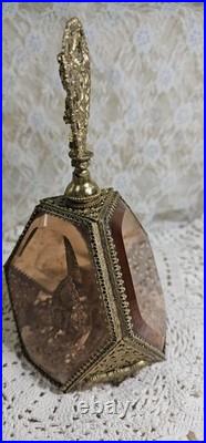Vintage 3 Panel Beveled Amber Glass Ormolu Gold Filigree Perfume Bottle 8.5