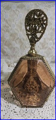 Vintage 3 Panel Beveled Amber Glass Ormolu Gold Filigree Perfume Bottle 8.5