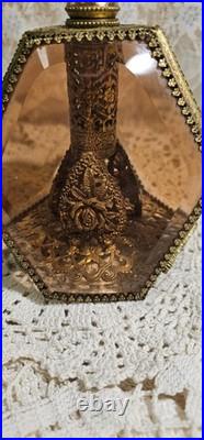 Vintage 3 Panel Beveled Amber Glass Ormolu Gold Filigree Perfume Bottle 8.5