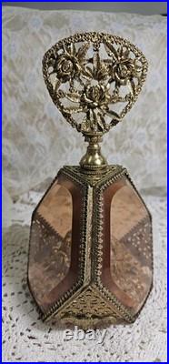 Vintage 3 Panel Beveled Amber Glass Ormolu Gold Filigree Perfume Bottle 8.5