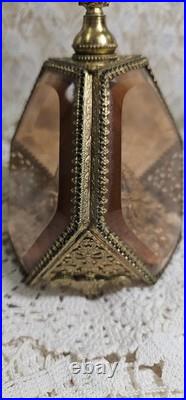 Vintage 3 Panel Beveled Amber Glass Ormolu Gold Filigree Perfume Bottle 8.5