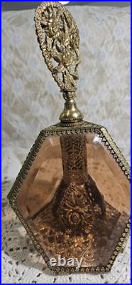 Vintage 3 Panel Beveled Amber Glass Ormolu Gold Filigree Perfume Bottle 8.5
