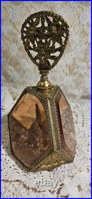 Vintage 3 Panel Beveled Amber Glass Ormolu Gold Filigree Perfume Bottle 8.5