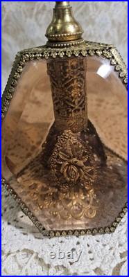 Vintage 3 Panel Beveled Amber Glass Ormolu Gold Filigree Perfume Bottle 8.5