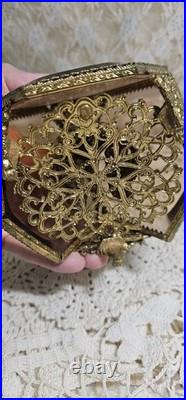 Vintage 3 Panel Beveled Amber Glass Ormolu Gold Filigree Perfume Bottle 8.5