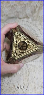 Vintage 3 Panel Beveled Amber Glass Ormolu Gold Filigree Perfume Bottle 8.5
