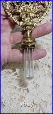 Vintage 3 Panel Beveled Amber Glass Ormolu Gold Filigree Perfume Bottle 8.5