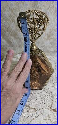 Vintage 3 Panel Beveled Amber Glass Ormolu Gold Filigree Perfume Bottle 8.5