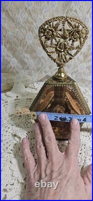 Vintage 3 Panel Beveled Amber Glass Ormolu Gold Filigree Perfume Bottle 8.5