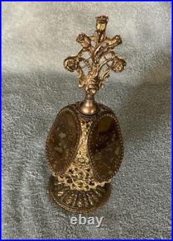 Vintage 3 Panel Beveled Amber Glass Ormolu Gold Filigree Perfume Bottle Cherubs