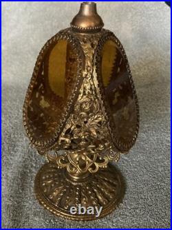 Vintage 3 Panel Beveled Amber Glass Ormolu Gold Filigree Perfume Bottle Cherubs