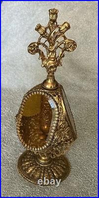 Vintage 3 Panel Beveled Amber Glass Ormolu Gold Filigree Perfume Bottle Cherubs