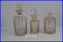 Vintage 3 Pc Glass Vanity Set Perfume Bottles Powder Jar Gold Trim Stoppers