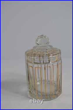 Vintage 3 Pc Glass Vanity Set Perfume Bottles Powder Jar Gold Trim Stoppers