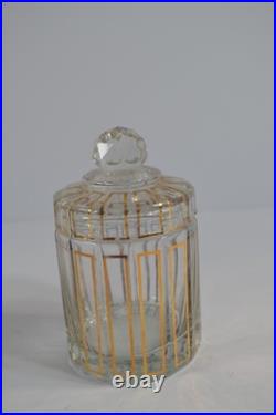 Vintage 3 Pc Glass Vanity Set Perfume Bottles Powder Jar Gold Trim Stoppers