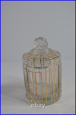 Vintage 3 Pc Glass Vanity Set Perfume Bottles Powder Jar Gold Trim Stoppers