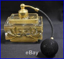 Vintage 3 Piece Vanity Set Glass Gilt Dress Box Perfume Bottle Atomizer