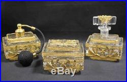 Vintage 3 Piece Vanity Set Glass Gilt Dress Box Perfume Bottle Atomizer