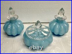 Vintage 40's Fenton Blue Overlay Melon Perfume Cologne Bottles & Powder Jar Set